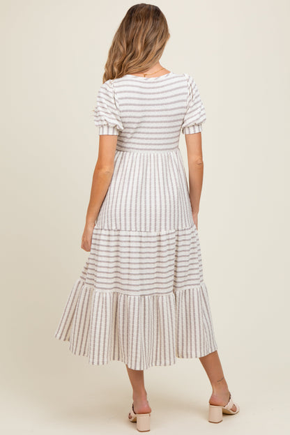 Cream/Taupe Striped Short Sleeve Tiered Maternity Maxi Dress