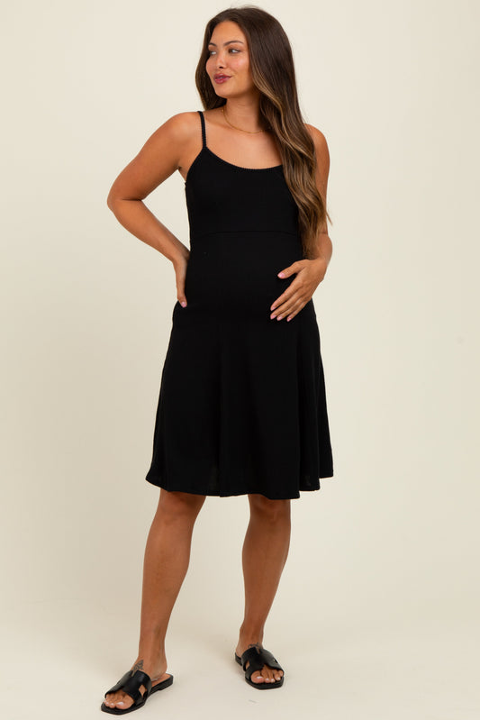 Black Ribbed Sleeveless Maternity Skater Dress