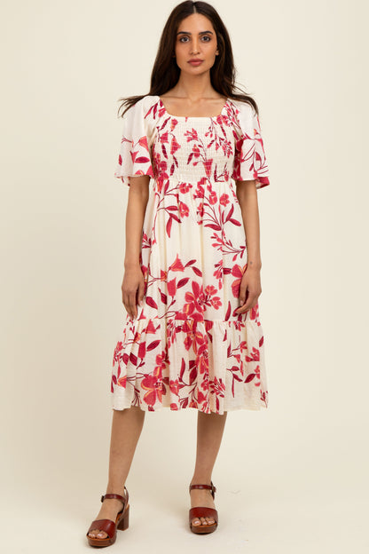 Fuchsia Floral Smocked Flutter Sleeve Maternity Midi Dress