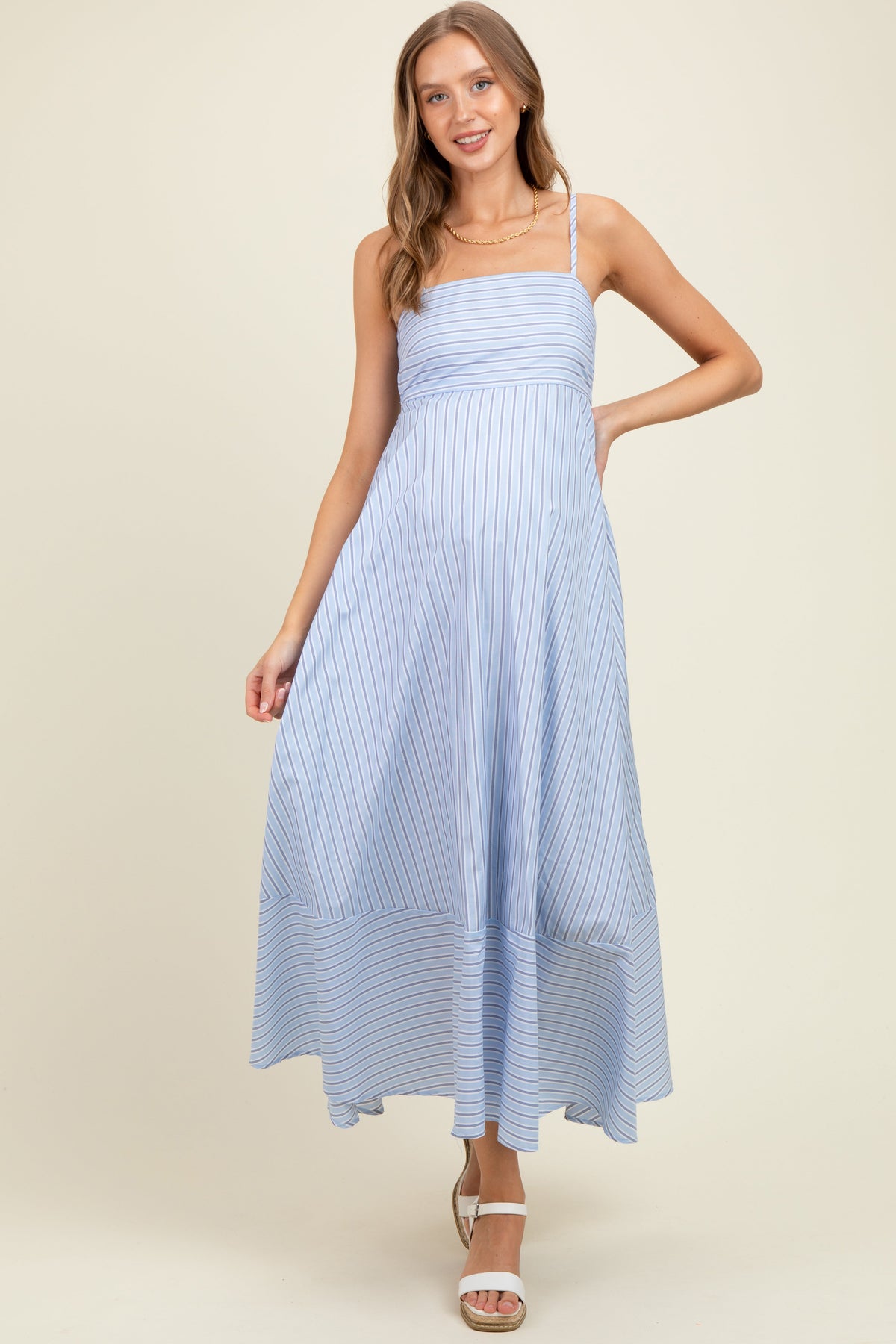 Light Blue Spaghetti Strap Stripe Maternity Maxi Dress