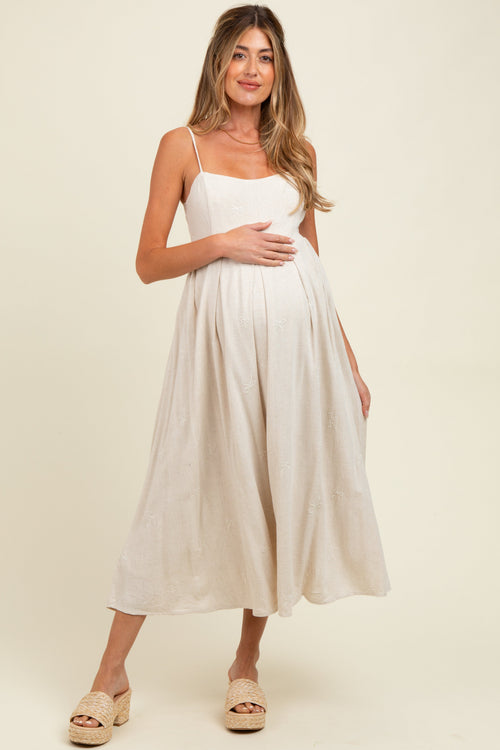 Beige Linen Ribbon Pattern Embroidered Maternity Midi Dress