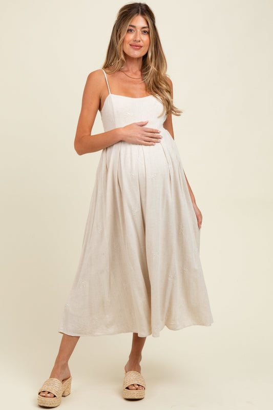 Beige Linen Ribbon Pattern Embroidered Maternity Midi Dress