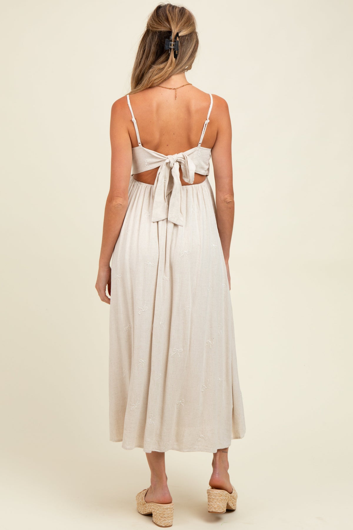 Beige Linen Ribbon Pattern Embroidered Maternity Midi Dress