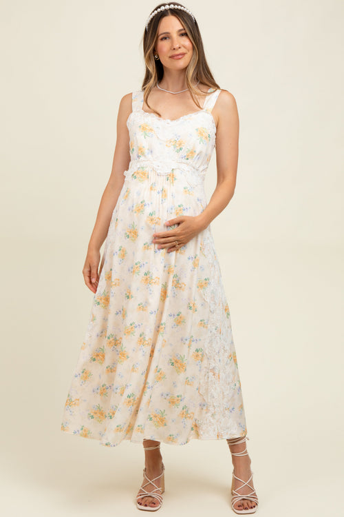 Yellow Floral Lace Overlay Maternity Maxi Dress