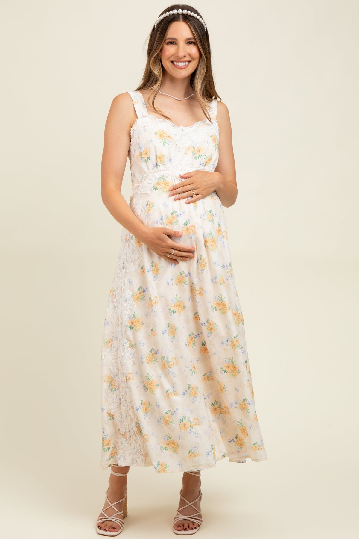 Yellow Floral Lace Overlay Maternity Maxi Dress