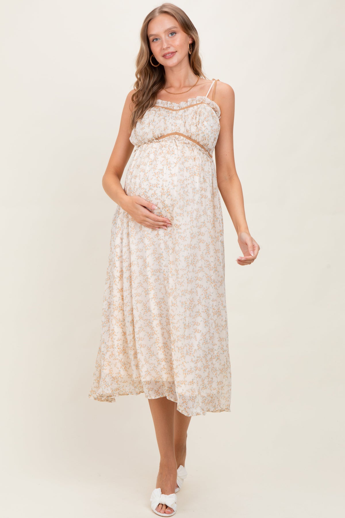 Yellow Garden Floral Printed Smocking Maternity Maxi Dress
