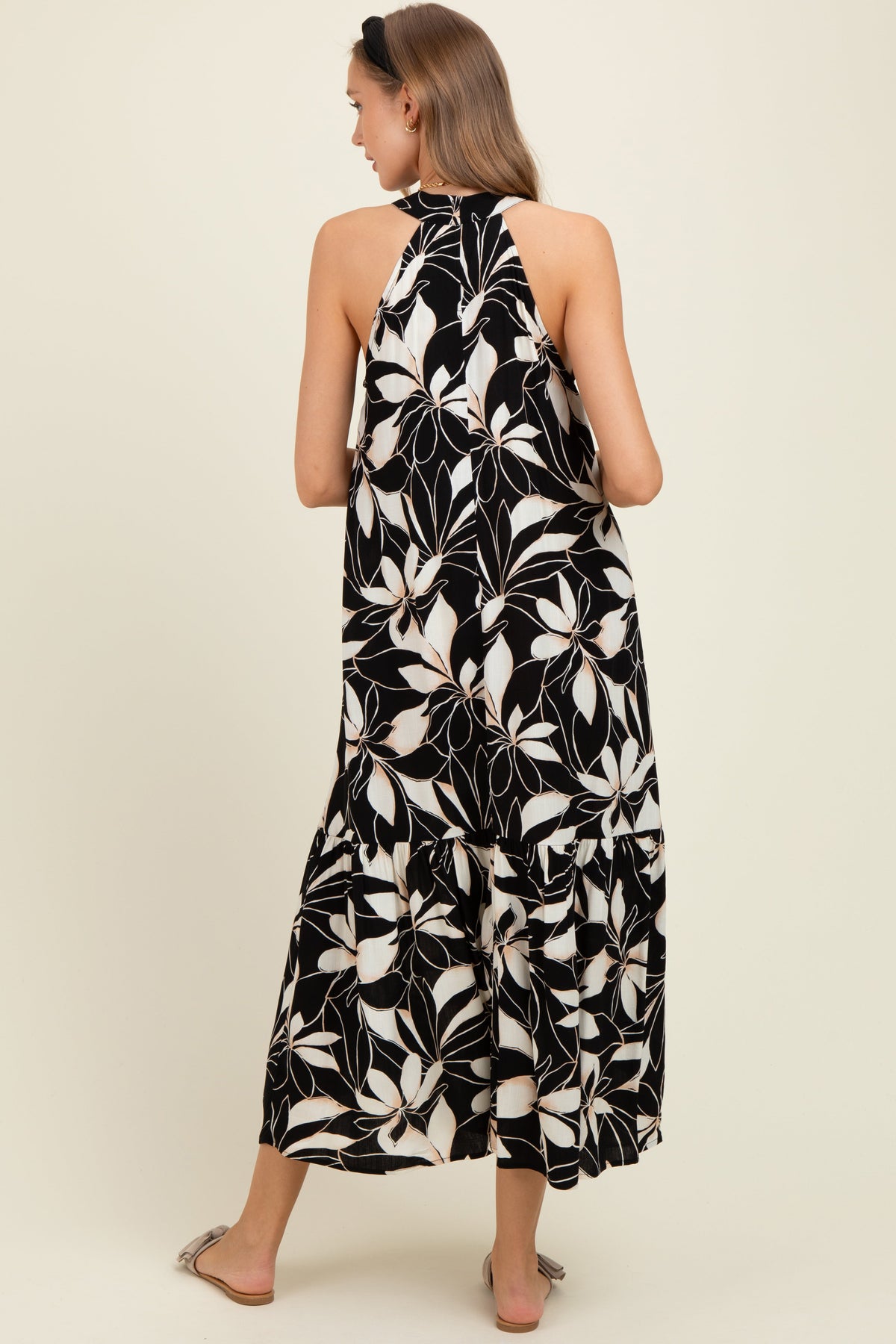 Black/Beige Print Halter Neck Tiered Maternity Maxi Dress