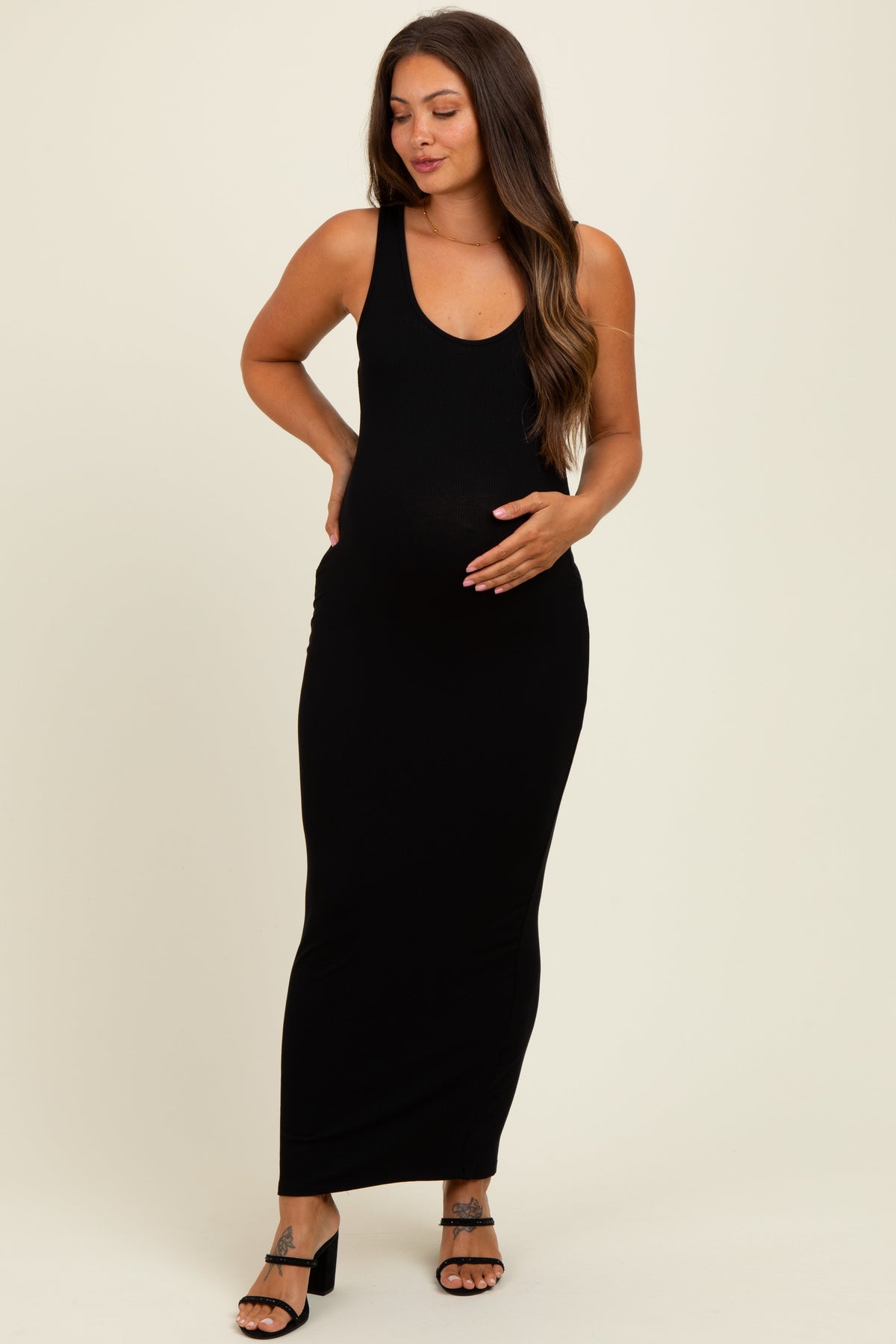 Black Scoop Neck Sleeveless Rayon Rib Maternity Maxi Knit Dress