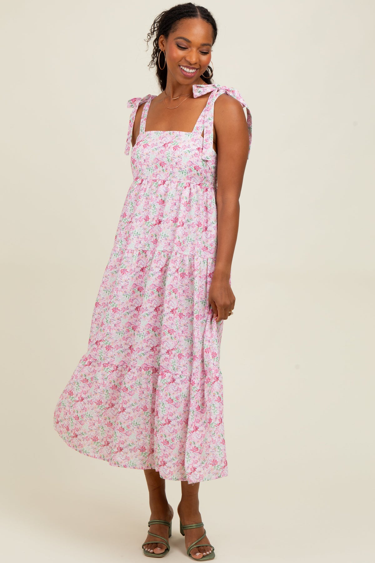 Light Pink Floral Shoulder Tie Maternity Midi Dress