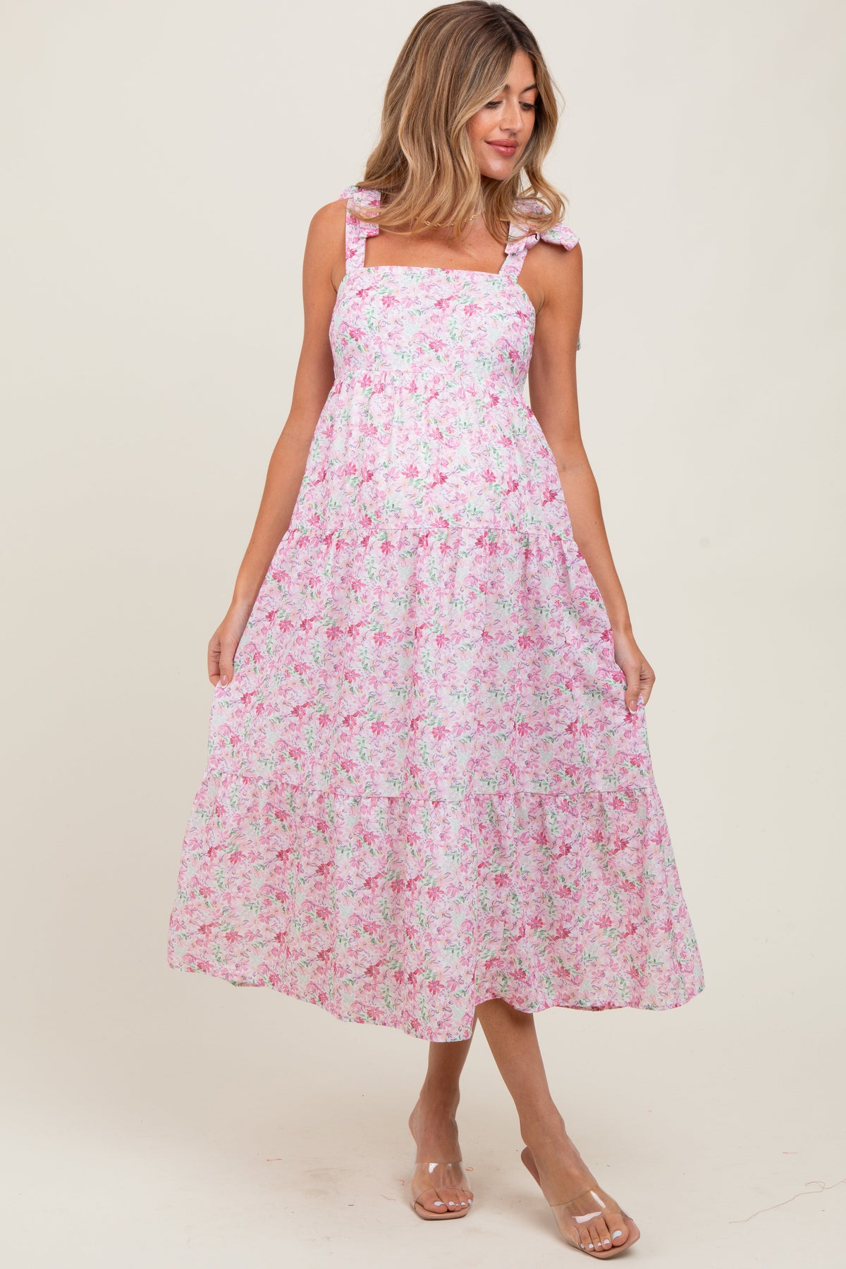 Light Pink Floral Shoulder Tie Maternity Midi Dress