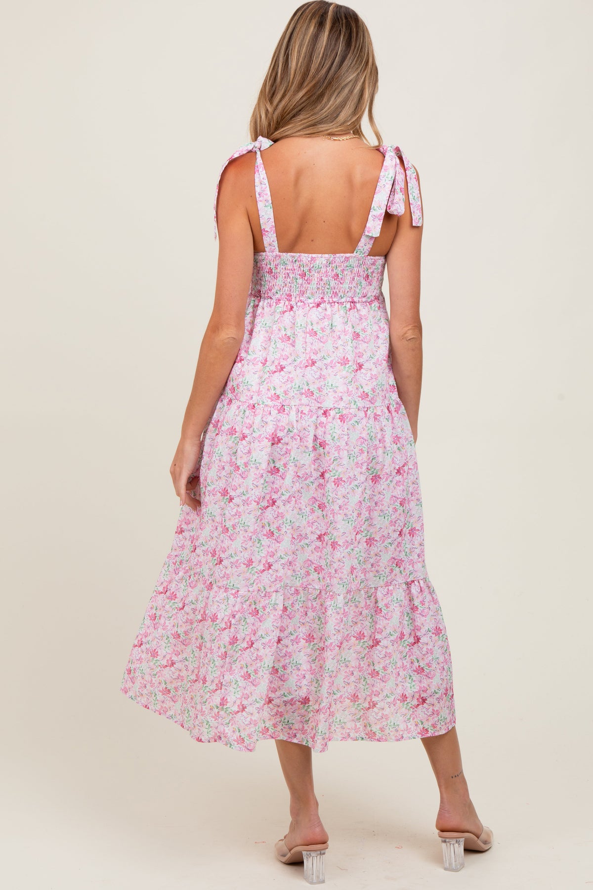 Light Pink Floral Shoulder Tie Maternity Midi Dress