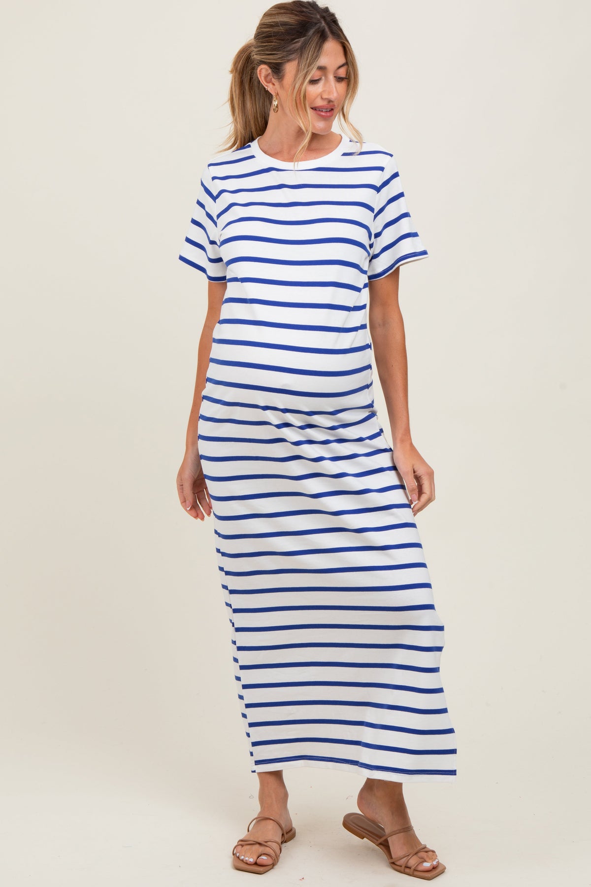 Blue Striped Side Slit Maternity Maxi Dress