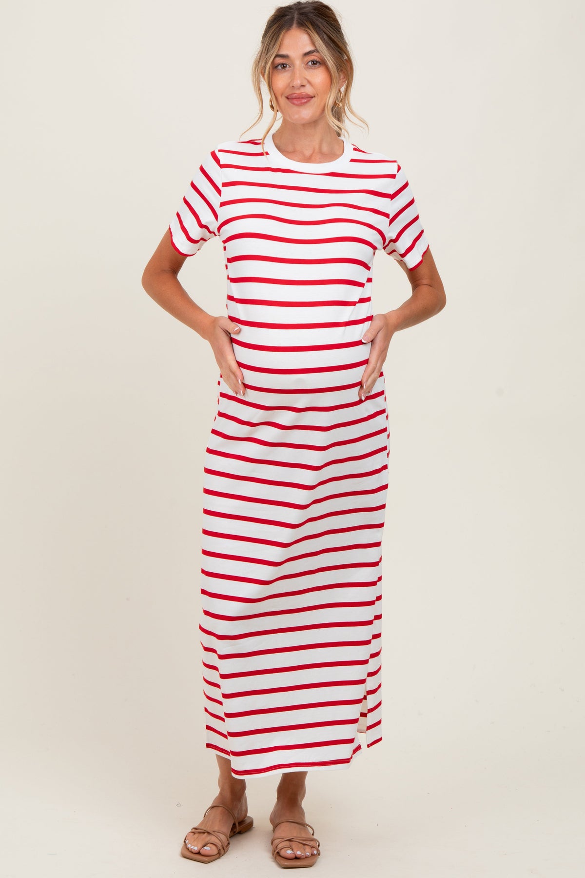 Red Striped Side Slit Maternity Maxi Dress