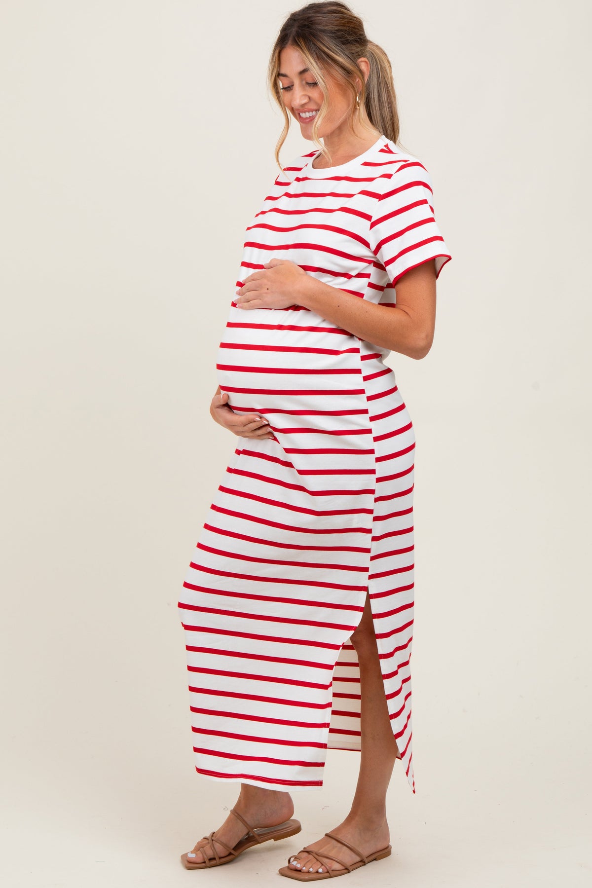 Red Striped Side Slit Maternity Maxi Dress