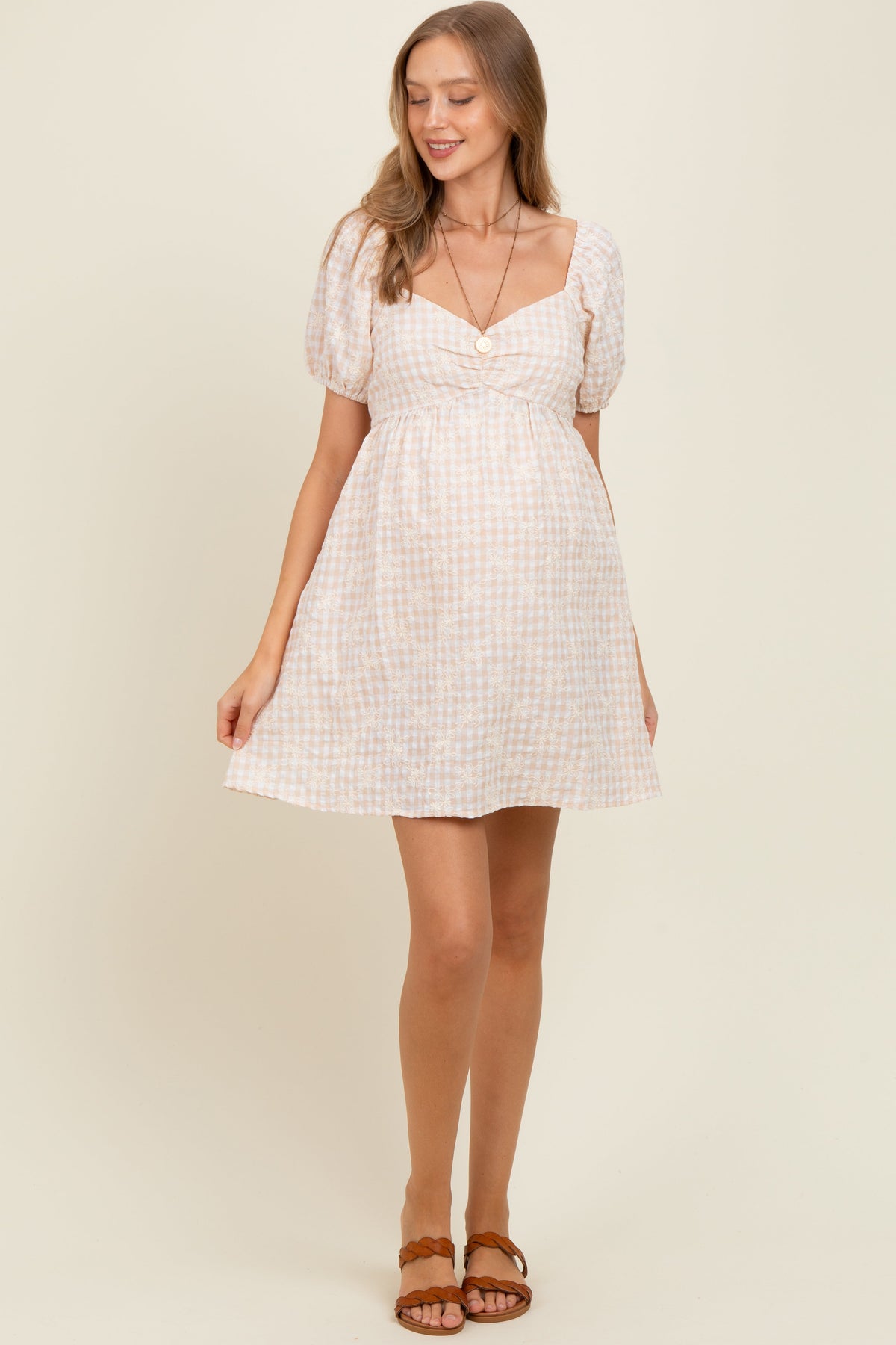 Beige Embroidered Gingham Sweetheart Neck Maternity Mini Dress