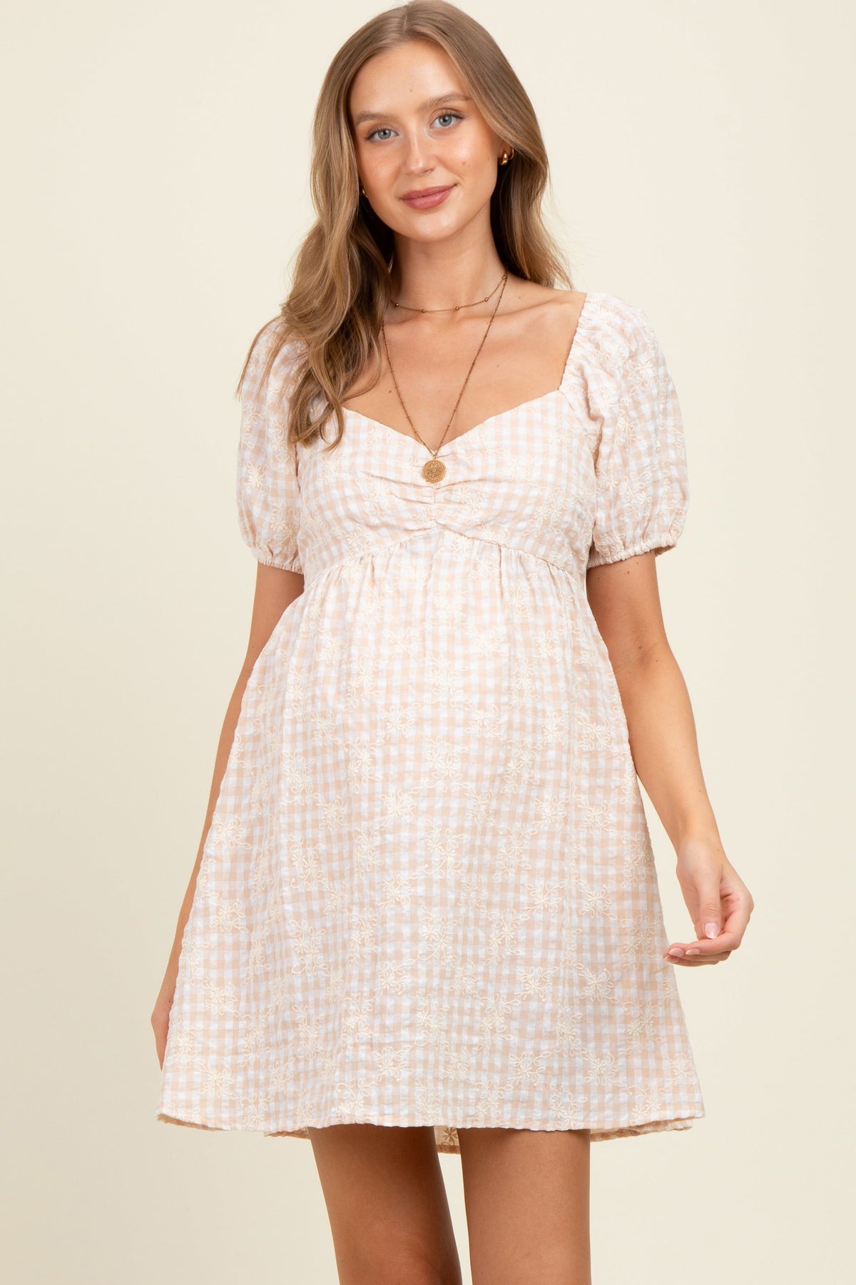 Beige Embroidered Gingham Sweetheart Neck Maternity Mini Dress