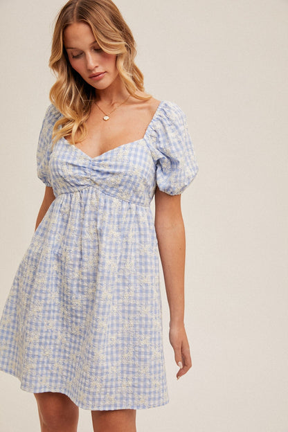 Light Blue Embroidered Gingham Sweetheart Neck Maternity Mini Dress