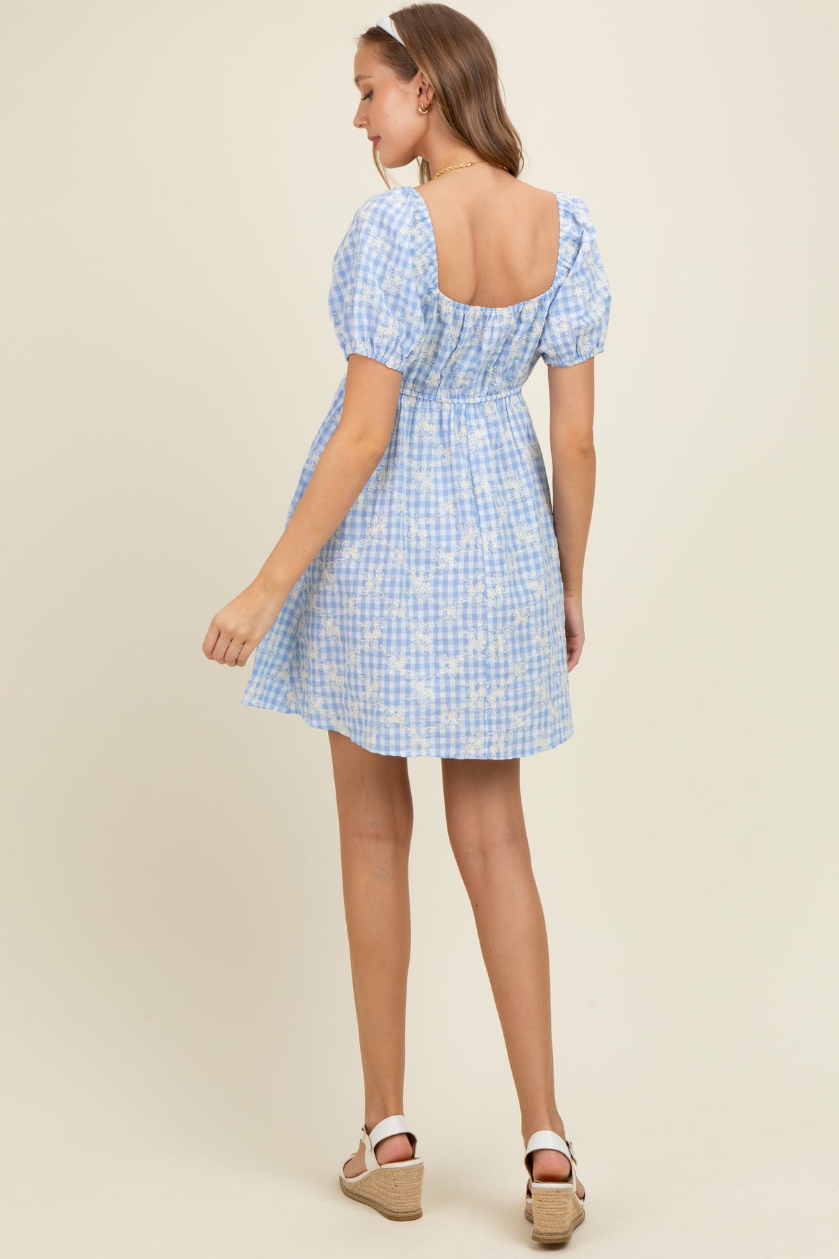 Light Blue Embroidered Gingham Sweetheart Neck Maternity Mini Dress