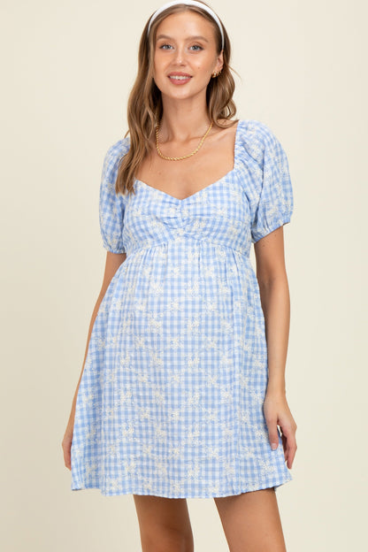 Light Blue Embroidered Gingham Sweetheart Neck Maternity Mini Dress