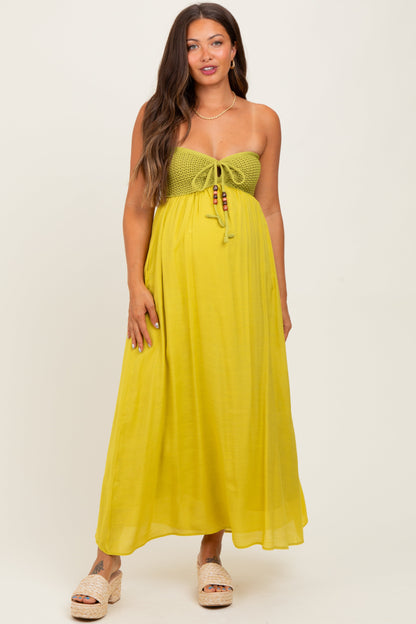 Lime Crochet Contrast Beaded Halter Neck Maternity Maxi Dress