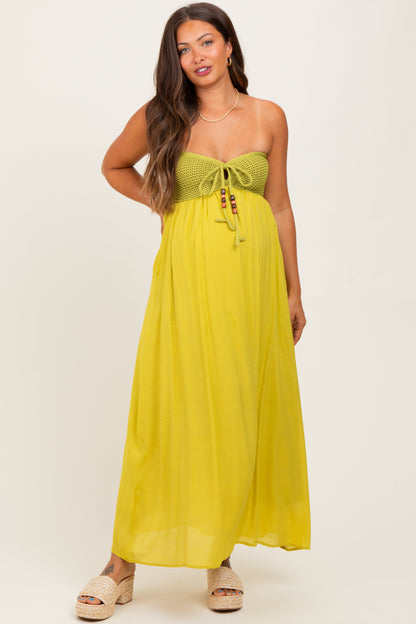 Lime Crochet Contrast Beaded Halter Neck Maternity Maxi Dress