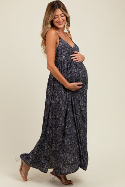 Navy Paisley Print Sleeveless Side Slit Maternity Maxi Dress
