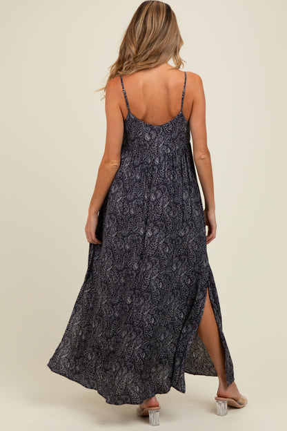 Navy Paisley Print Sleeveless Side Slit Maternity Maxi Dress