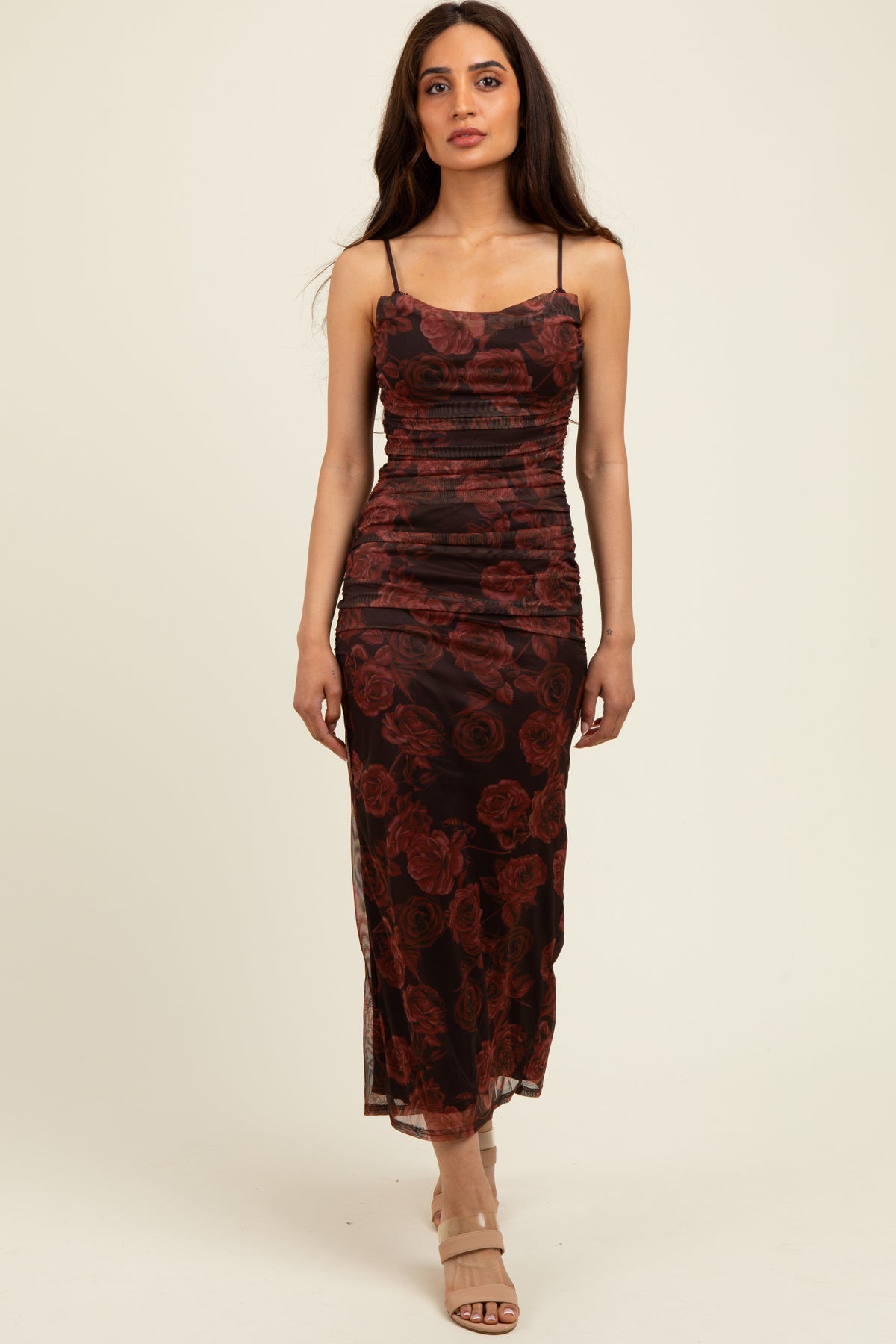 Brown Rose Print Mesh Overlay Ruched Maternity Midi Dress