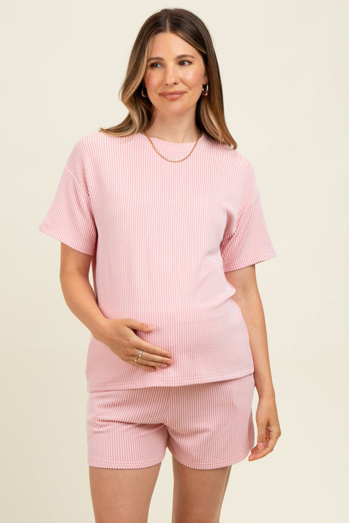 Pink Ribbed Short Sleeve Tee and Short Maternity Set