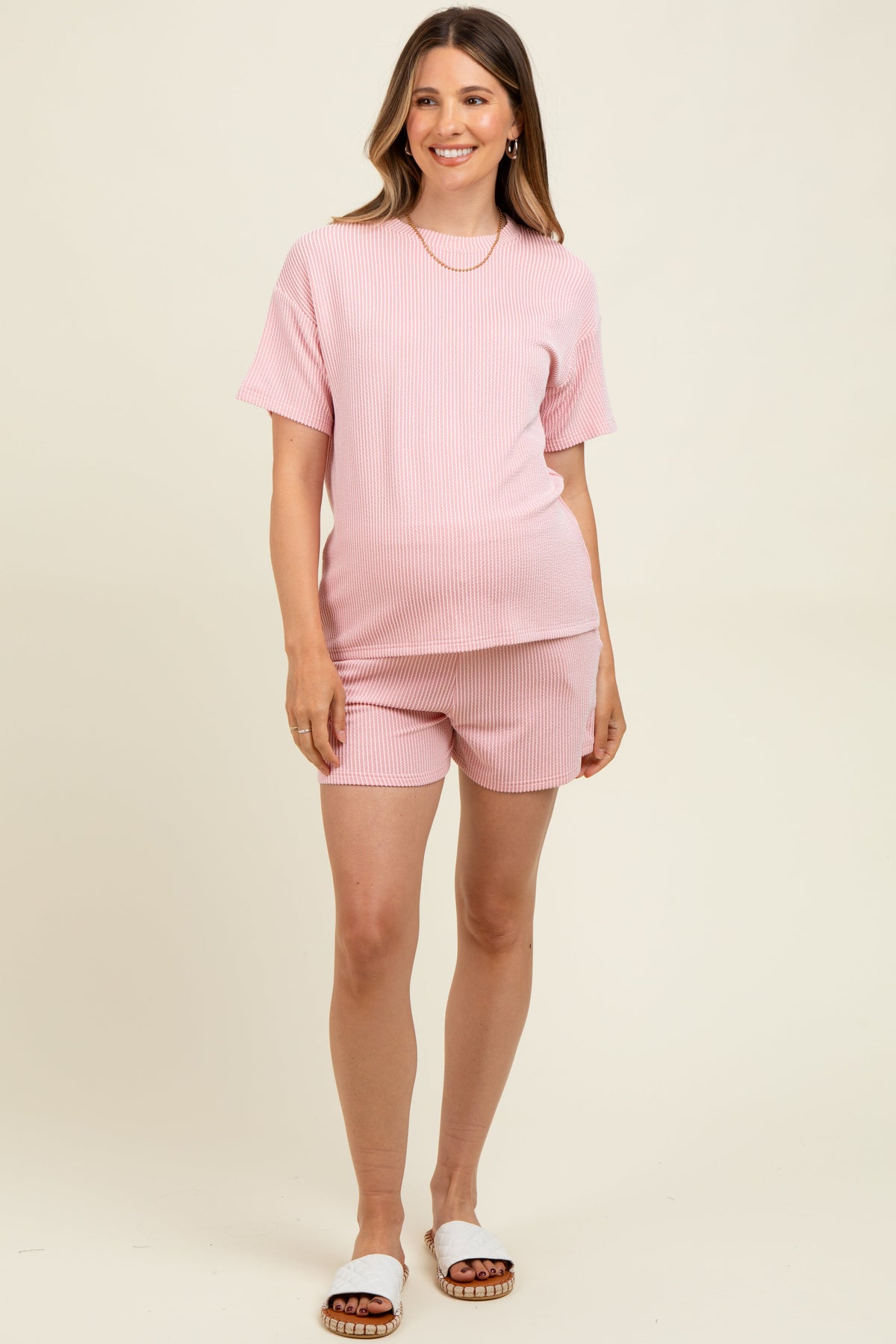 Pink Ribbed Short Sleeve Tee and Short Maternity Set
