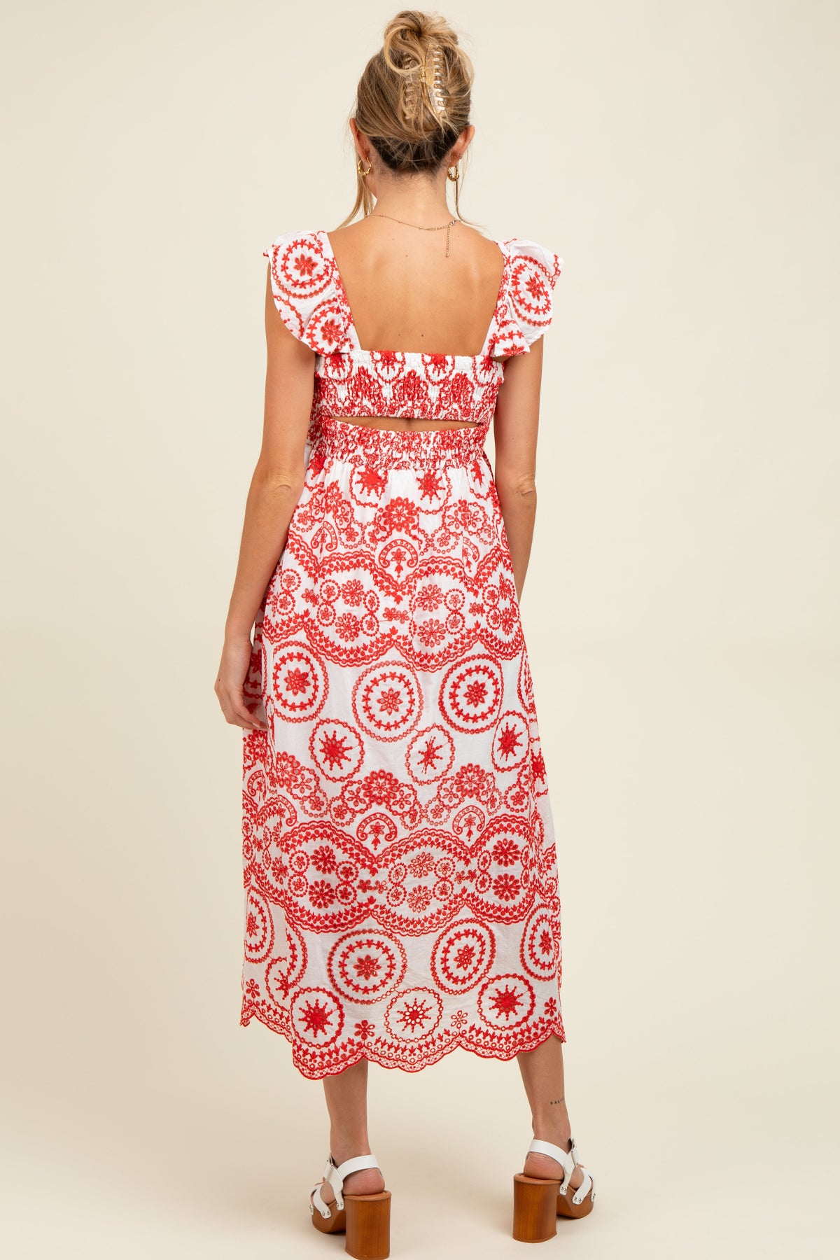Red Embroidered Smocked Cutout Maternity Midi Dress