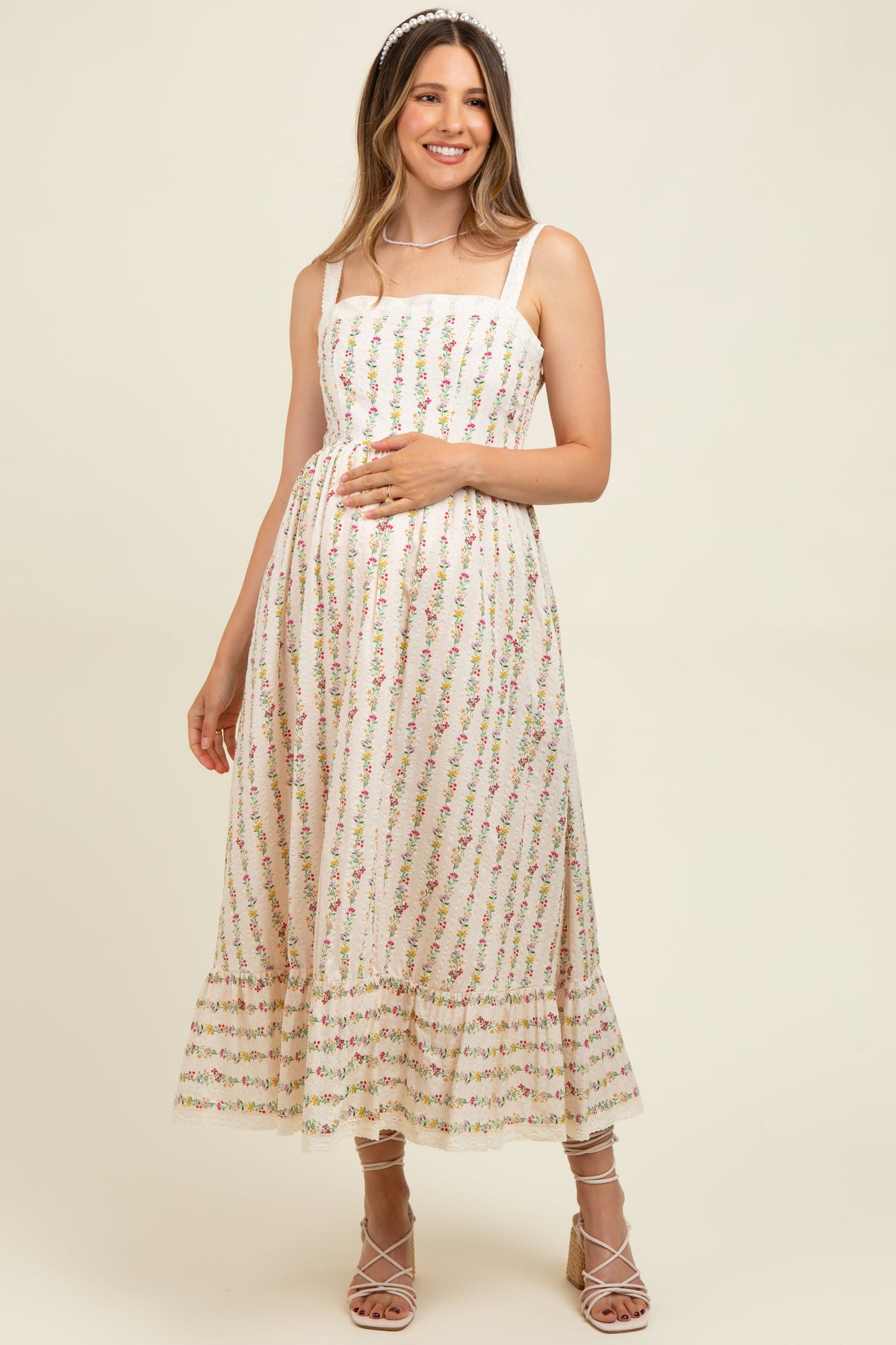 Cream Floral Textured Cotton Lace Trim Maternity Maxi Dress