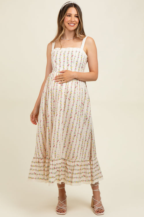 Cream Floral Textured Cotton Lace Trim Maternity Maxi Dress
