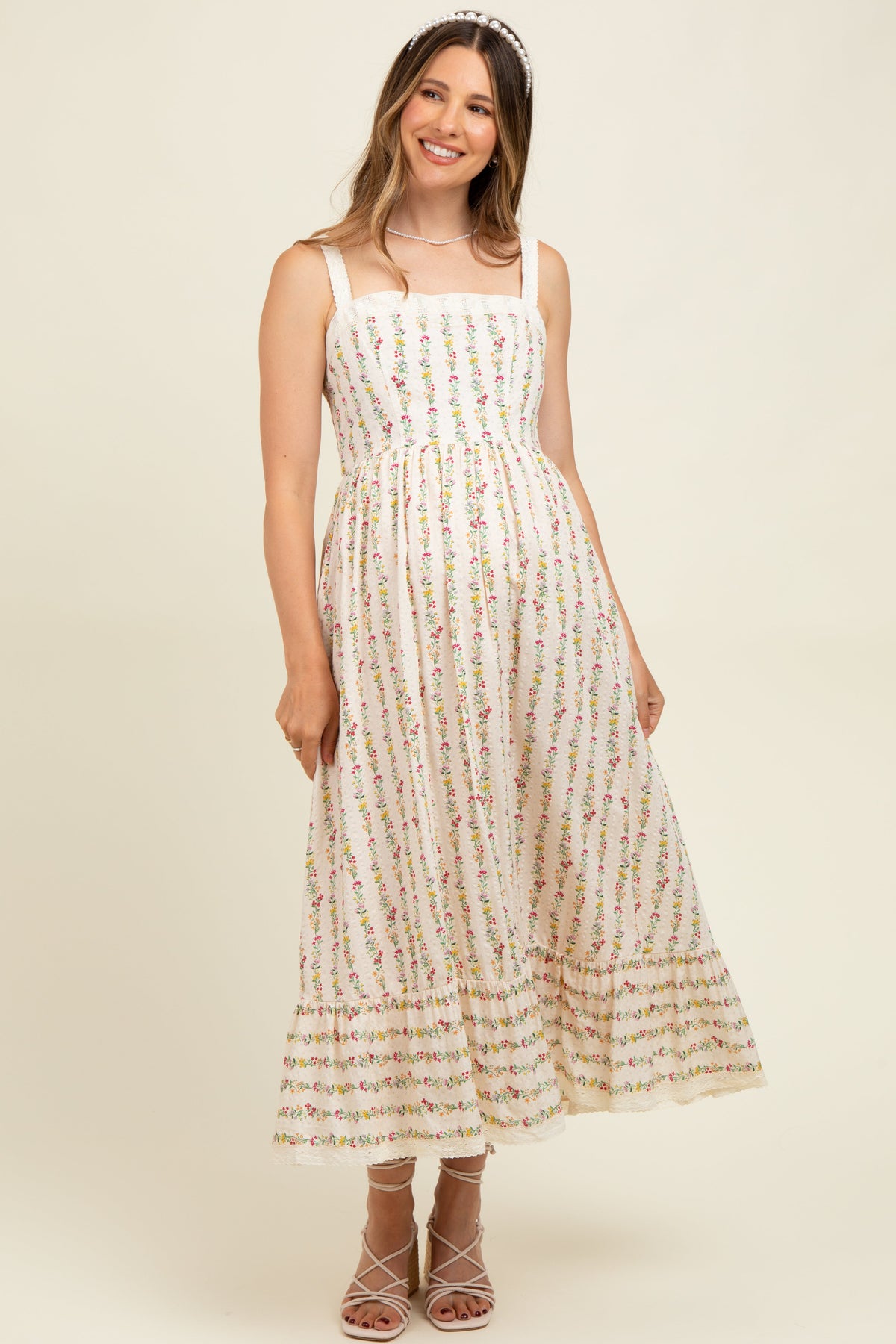 Cream Floral Textured Cotton Lace Trim Maternity Maxi Dress