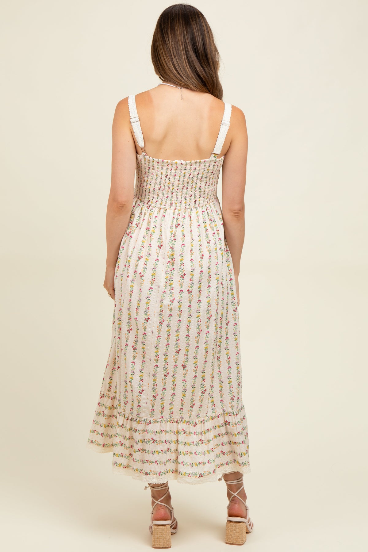Cream Floral Textured Cotton Lace Trim Maternity Maxi Dress