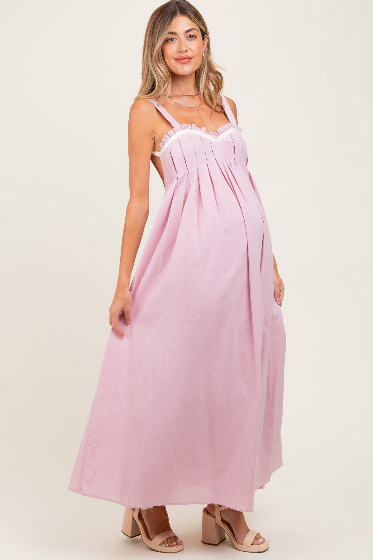 Light Pink Sweetheart Neckline Open Back Maternity Maxi Dress