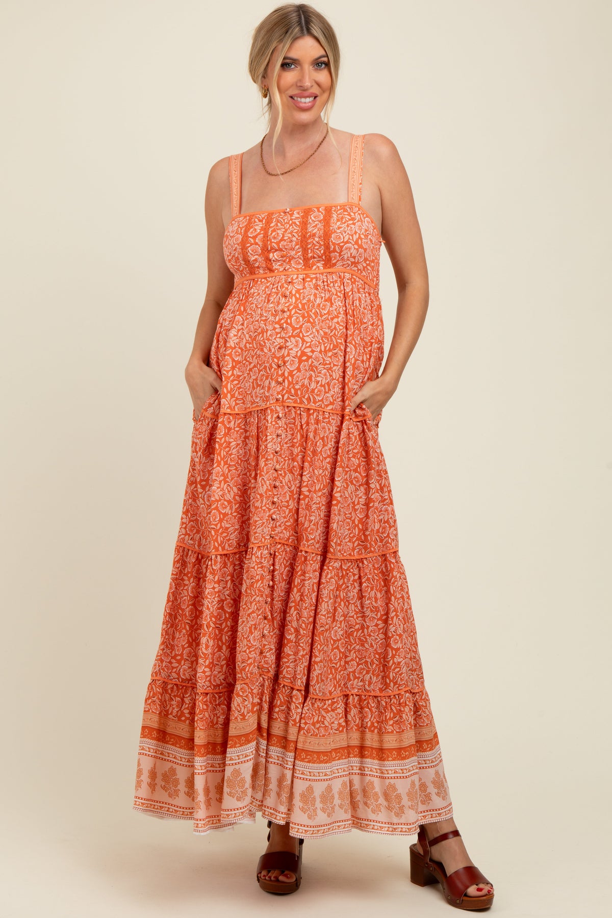 Orange Border Print Sleeveless Maternity Maxi Dress