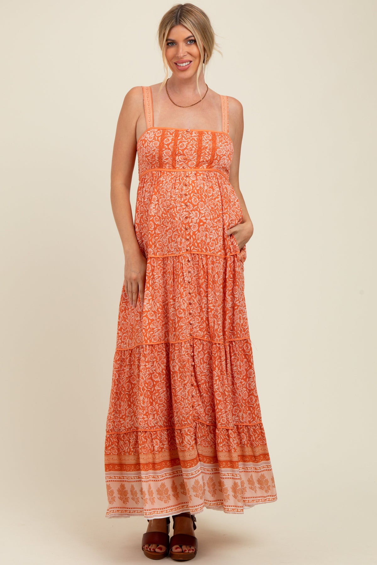 Orange Border Print Sleeveless Maternity Maxi Dress
