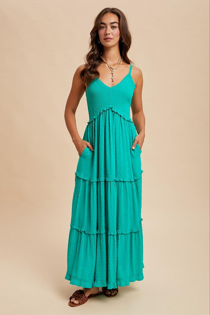 Emerald Swiss Dot Smocked Sleeveless Maternity Maxi Dress