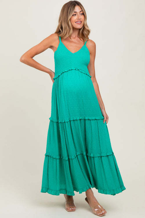 Emerald Swiss Dot Smocked Sleeveless Maternity Maxi Dress