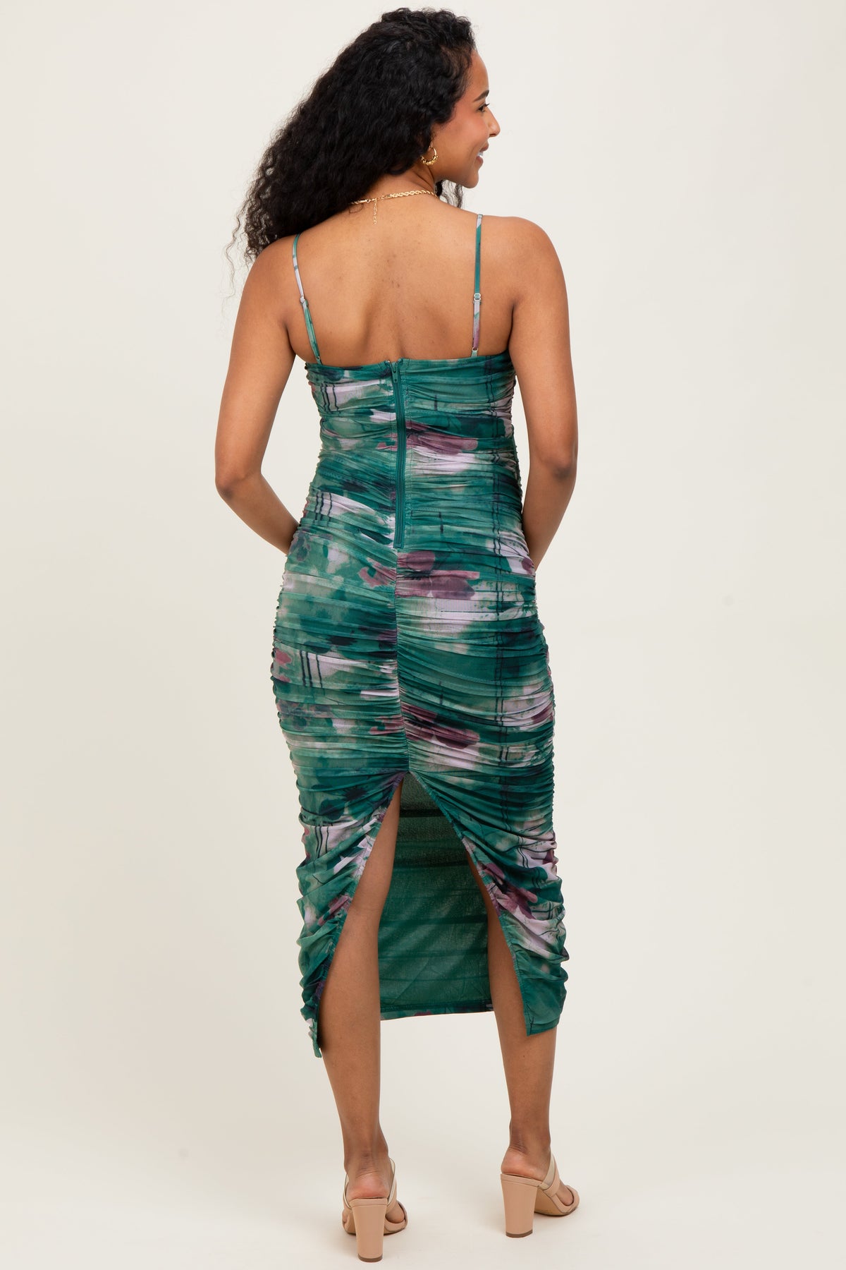 Forest Green Floral Mesh Ruched Sleeveless Maternity Midi Dress