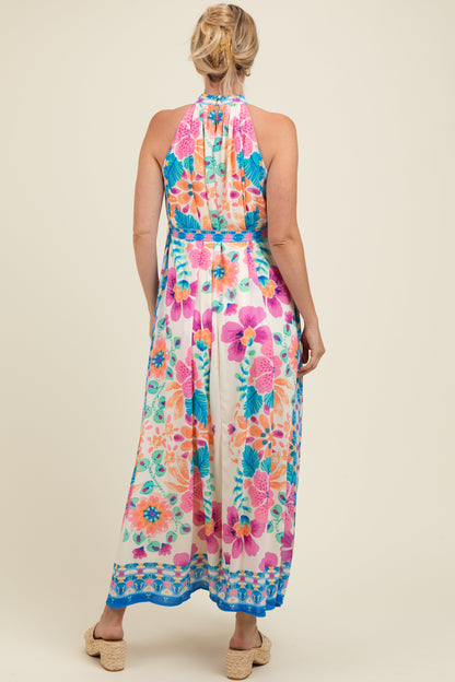 Pink Floral Border Print Halter Maternity Maxi Dress