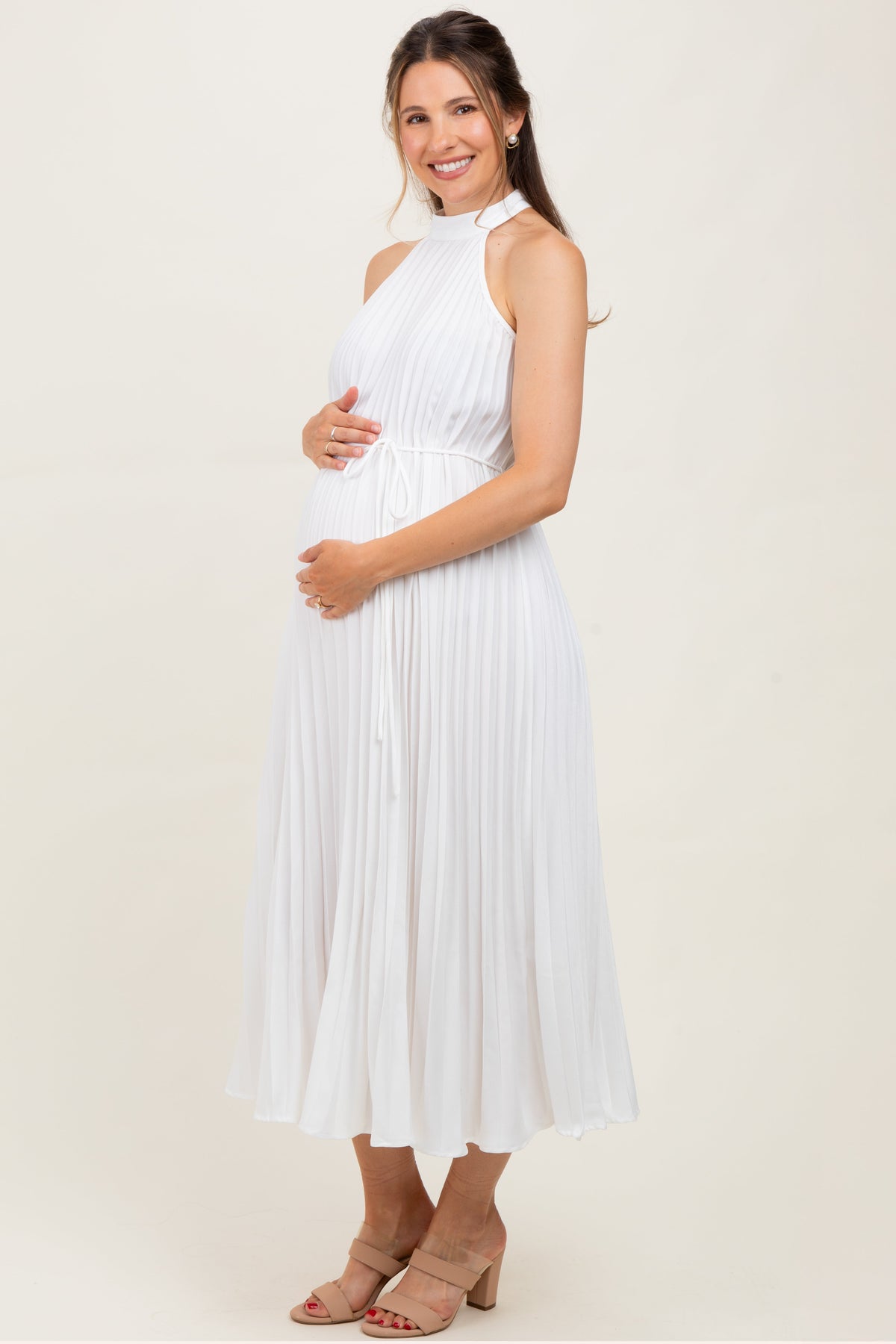 White Pleated Maternity Halter Dress