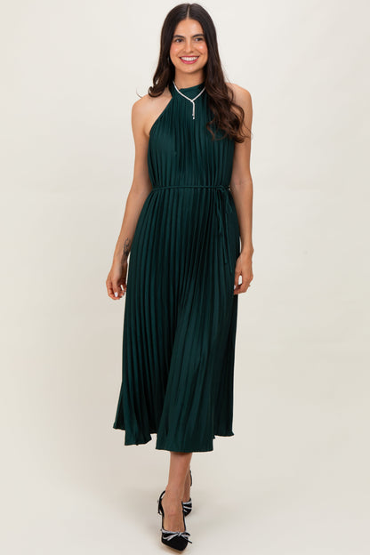 Forest Green Pleated Maternity Halter Dress