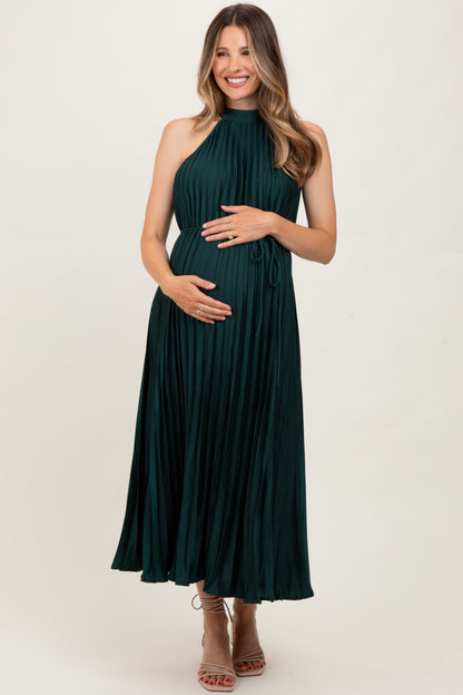 Forest Green Pleated Maternity Halter Dress