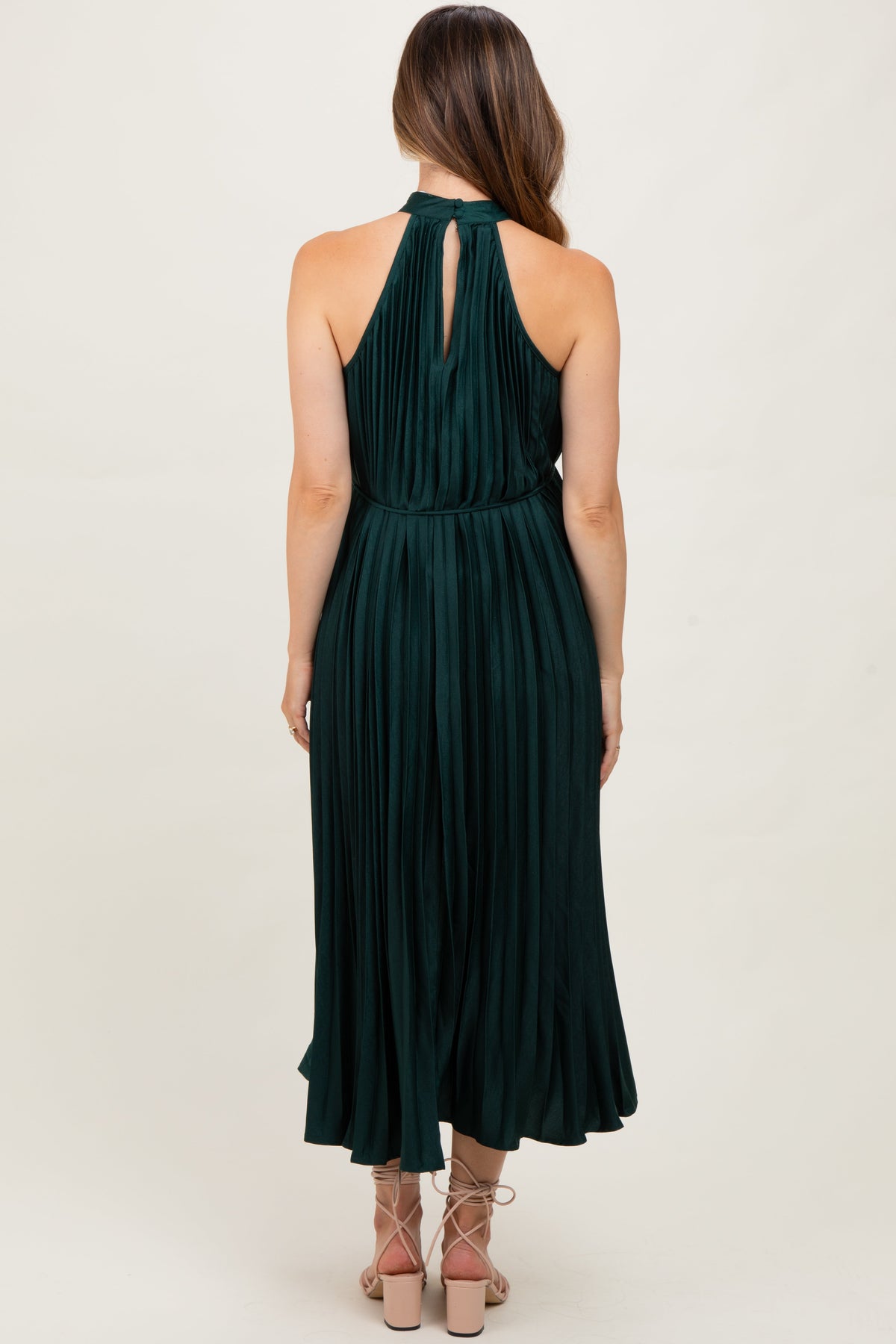 Forest Green Pleated Maternity Halter Dress