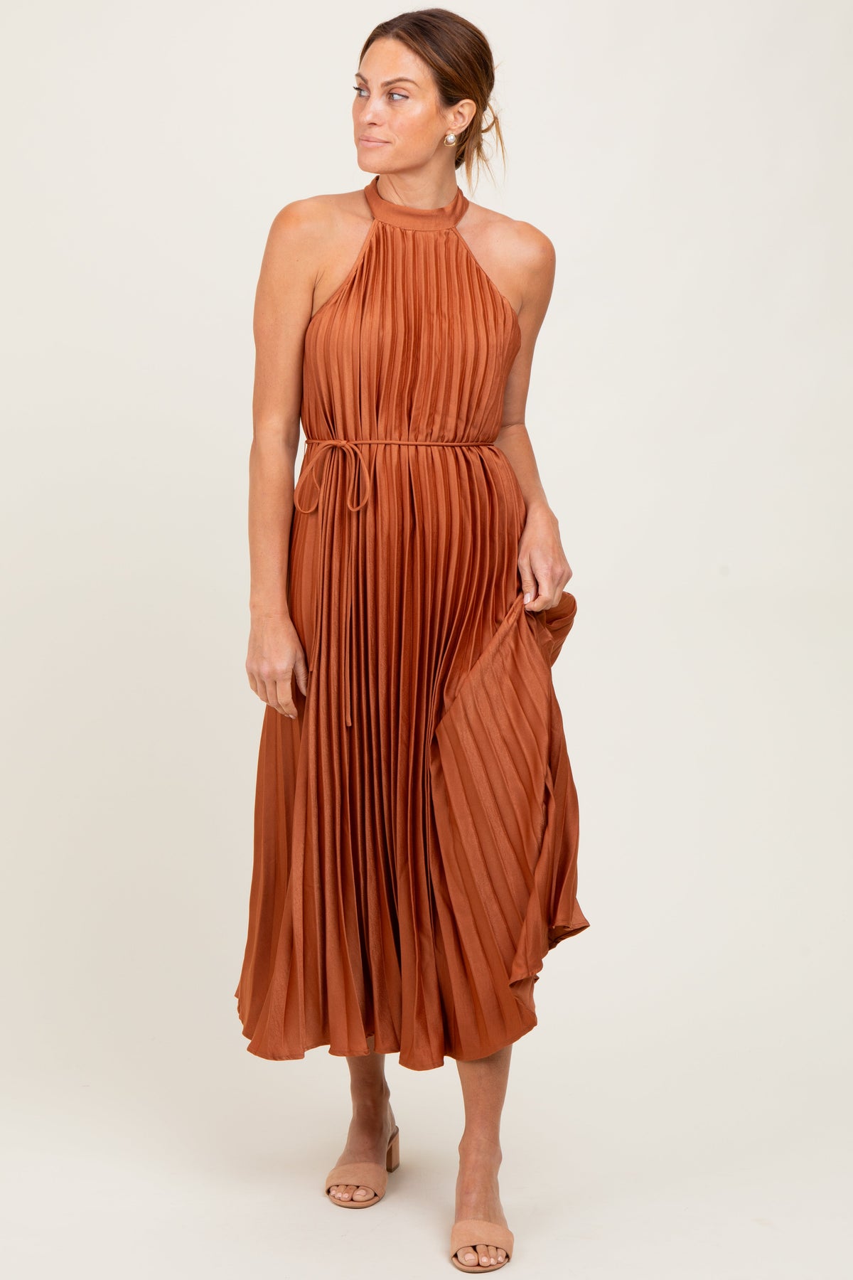 Mocha Pleated Maternity Halter Dress