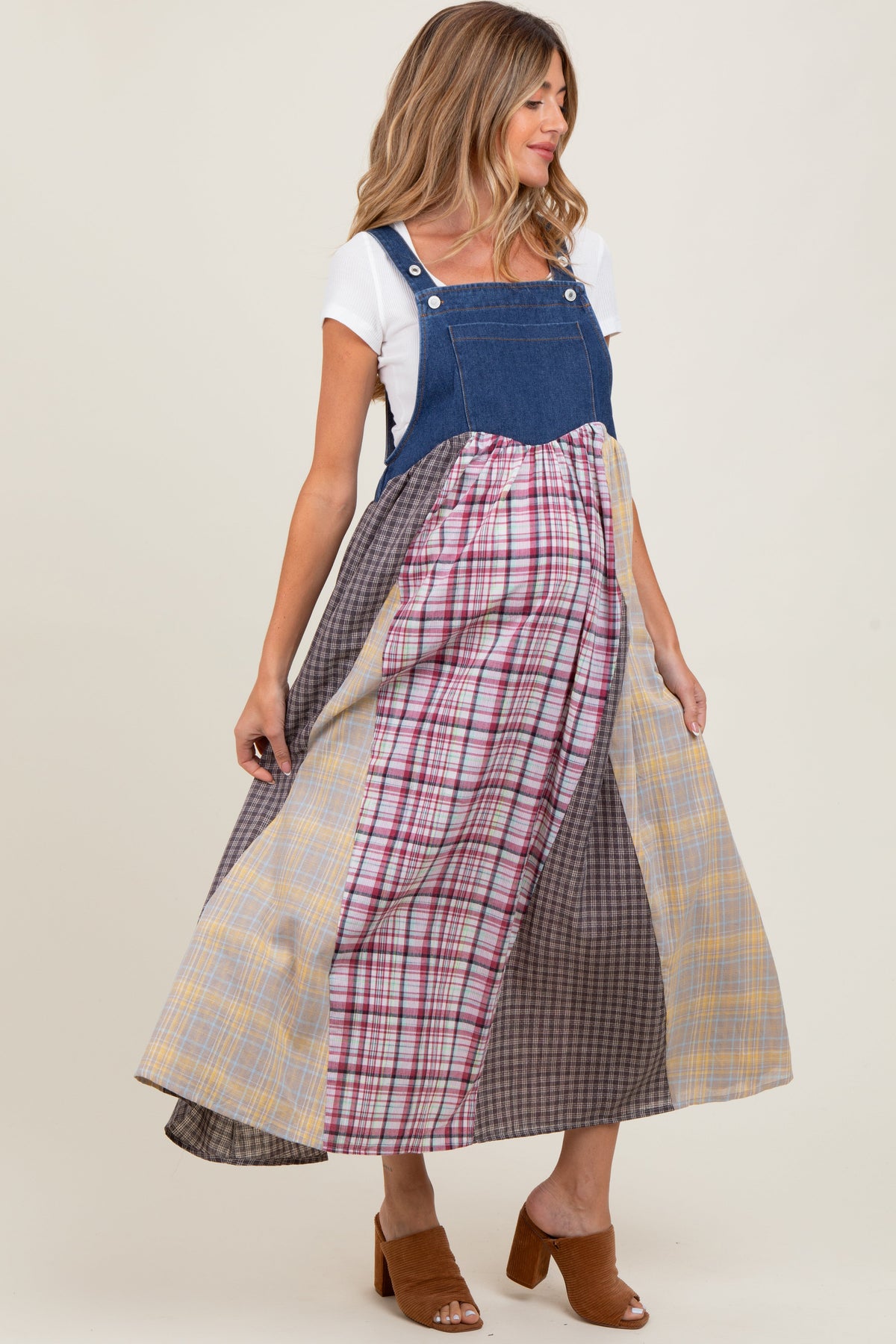 Multicolor Plaid Colorblock Denim Overall Maternity Dress