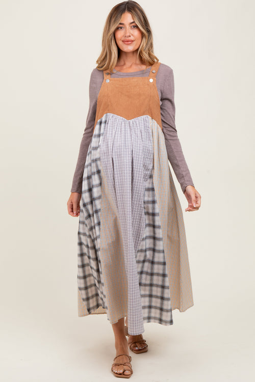 Mocha Multicolor Colorblock Plaid Denim Overall Maternity Dress