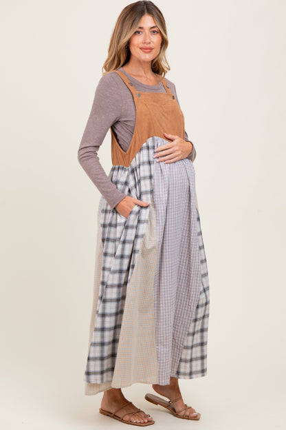 Mocha Multicolor Colorblock Plaid Denim Overall Maternity Dress